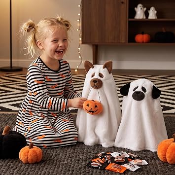 Bunny Chorus Halloween Dog Ghost Throw Pillows, 2pcs Ghost Dog Shaped Decorative Pillows for Couch Sofa, Cute Spooky Halloween Stuffed Pillow Plush Ghost Puppy Doll Home Decor Party Decorations