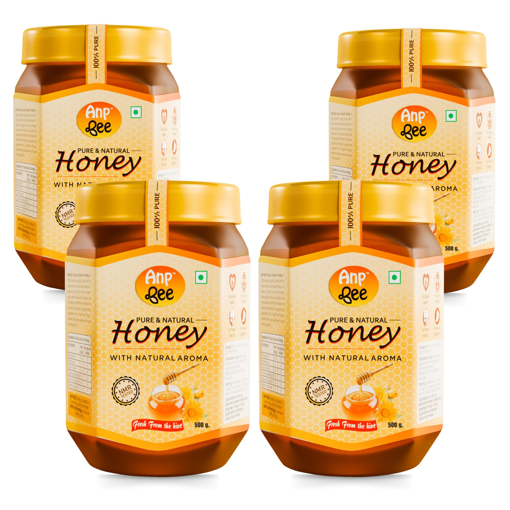 ANP BEE Raw Unpasteurized NMR Tested Natural Honey 500g I Complies with 22 Rigorous FSSAI Quality Checks I 100% Pure, No Sugar Adulteration I Natural Immunity Booster for Adults & Kids I Pack of 4