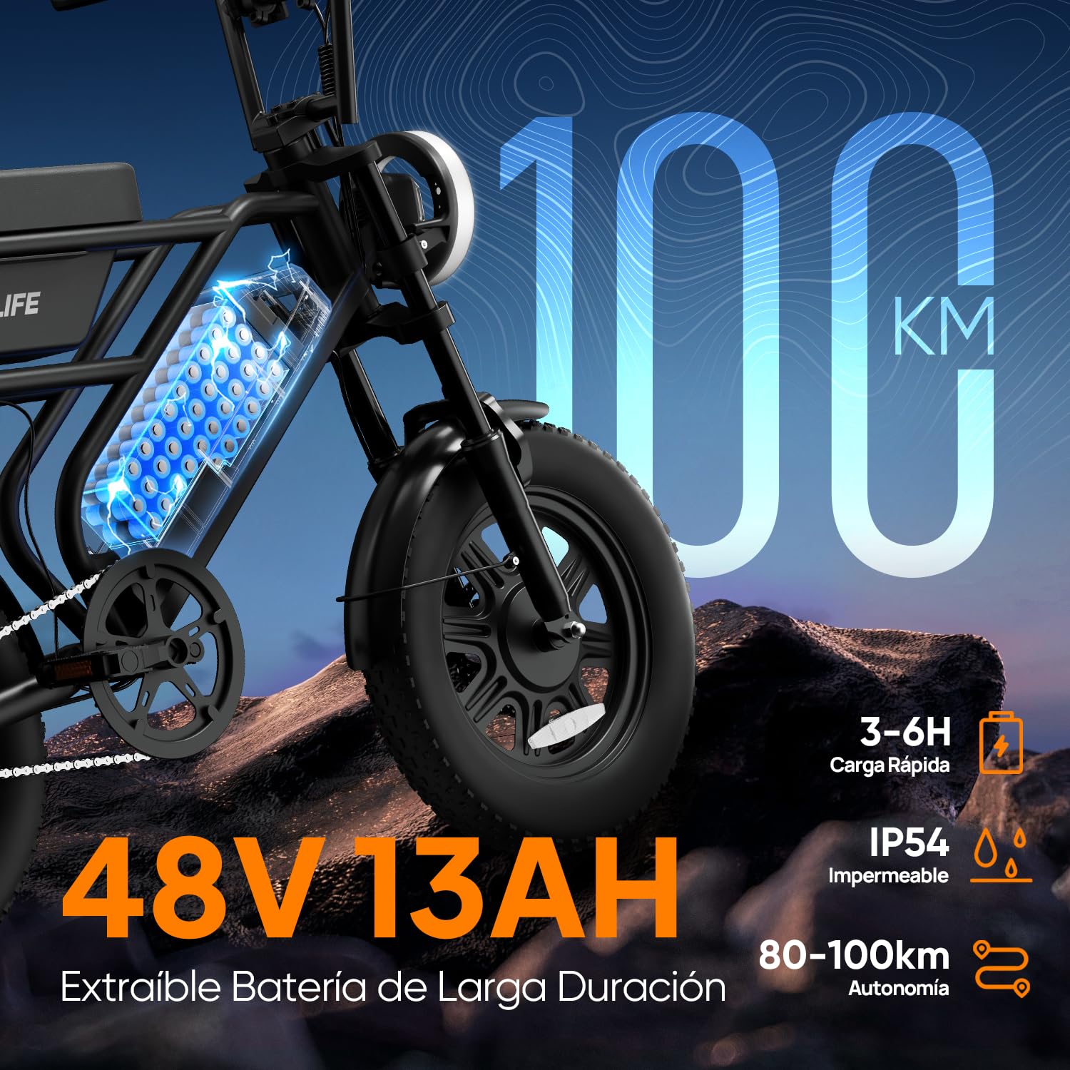URLIFE Bicicleta Eléctrica para Adultos, 16" x 3.0 Alcance de 100km | Batería Extraíble de 48V y 13Ah, E Bike Motor Sin Escobillas de 250W, Bici Eléctrica para Adolescentes
