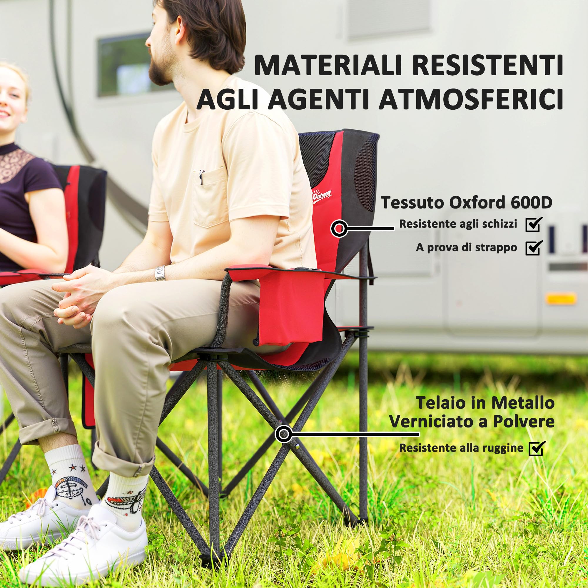 Outsunny Set 2 Sedie da Campeggio Pieghevoli con Borsa Frigo, Portabicchieri, Poggiatesta e 2 Tasche, Sedie da Giardino in Tessuto Oxford e Metallo, Portata Fino a 120 kg, 94x62x100 cm, Rosso