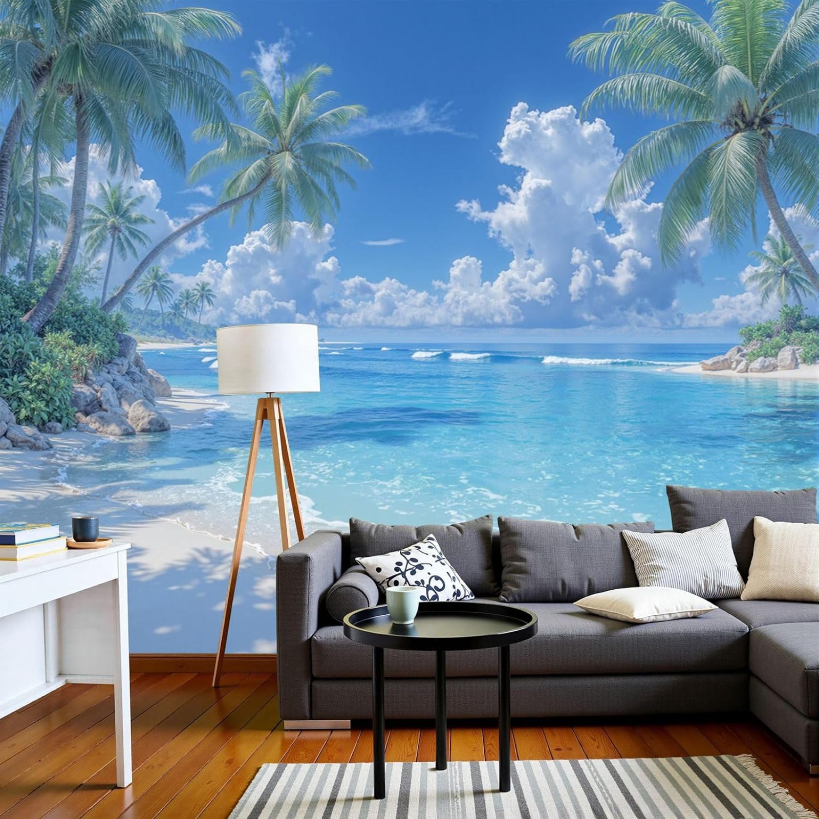 Coastal Landscape Wallpaper, White Sandy Beach, XXL Non-woven Wallpaper for Bedroom Living Room, Blue Wall Decor Wallpaper, Wall Covering, 350cm x 256cm Stickers - Frameless Painting - Poster