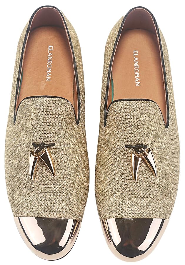 Amazon.com | ELANROMAN Men Loafers Leather Gold Shoes of