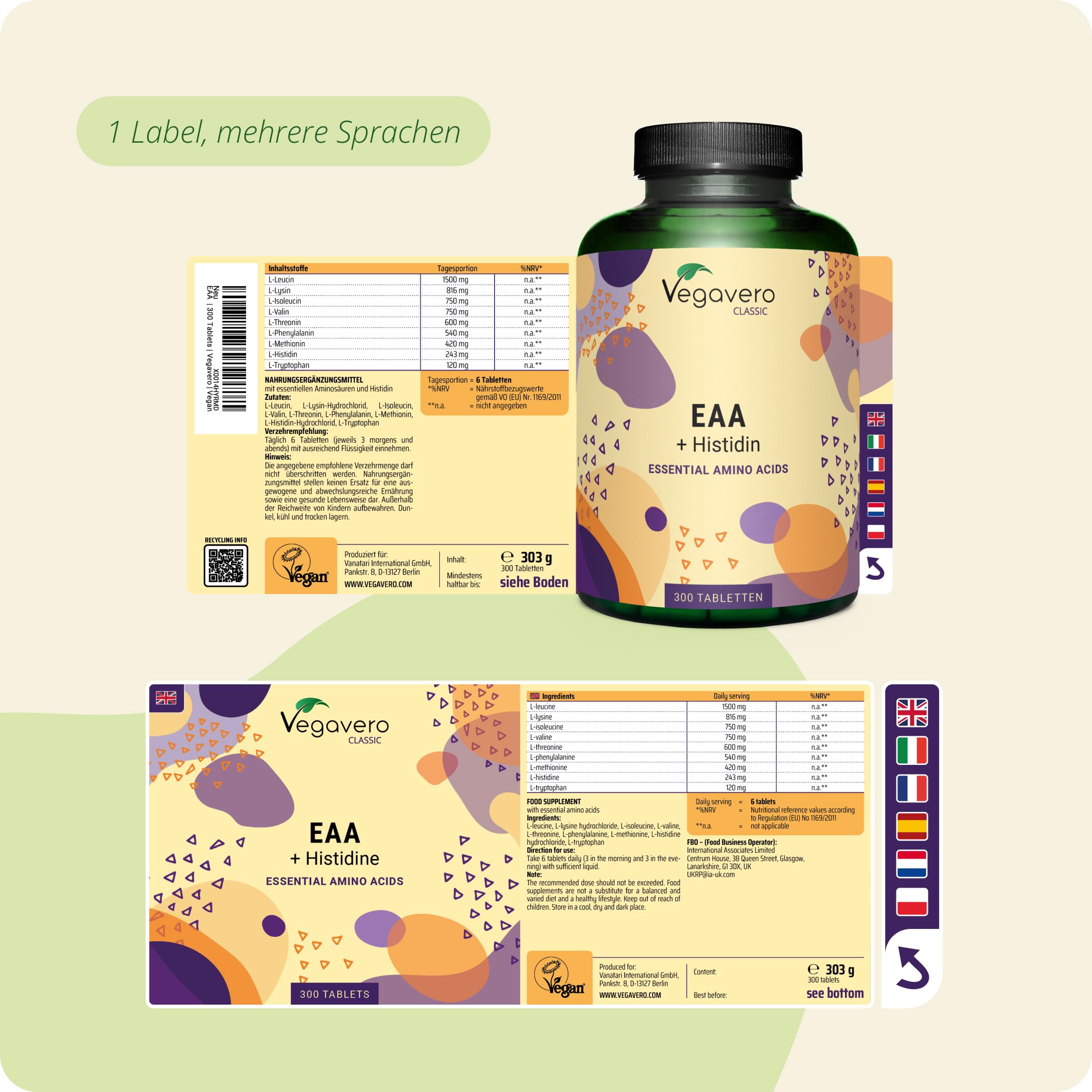 Vegavero EAA Tabletten Hochdosiert - 1000 mg Essentielle Aminosäuren Komplex pro Tablette - Alle 8 EAAs + BCAA & Histidin (2:1:1) - 100% Natürlich aus Fermentation - Vegan - 300 Stück