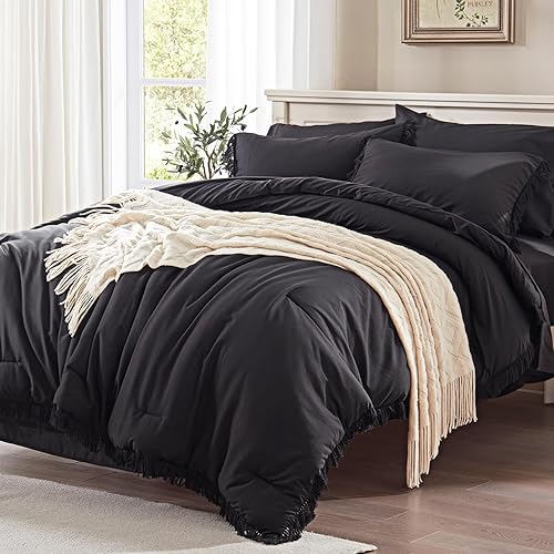 Anluoer Juego de edredón tamaño matrimonial, cama bohemia negra en una bolsa, 7 piezas con edredón y sábanas, juegos de ropa de cama para todas las Anluoer Juego de edredón tamaño matrimonial, cama bohemia negra en una bolsa, 7 piezas con edredón y sábanas, juegos de ropa de cama para todas las