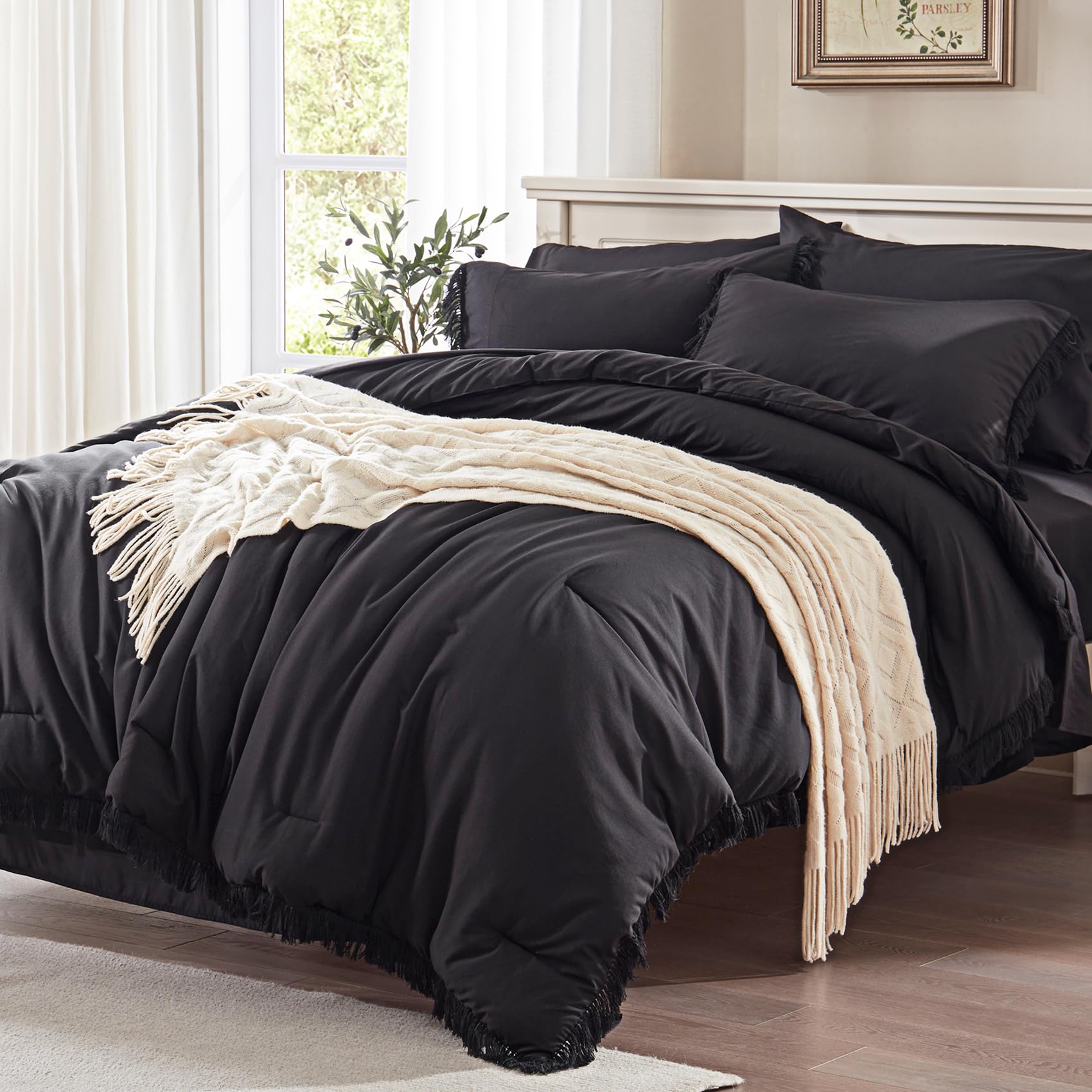 Anluoer Queen Comforter Set 7 Piece with Sheets-Black Boho Bed in a Bag with Tassel Lightweight Soft Bedding Sets with 1 Comforter, 2 PillowShams, 2