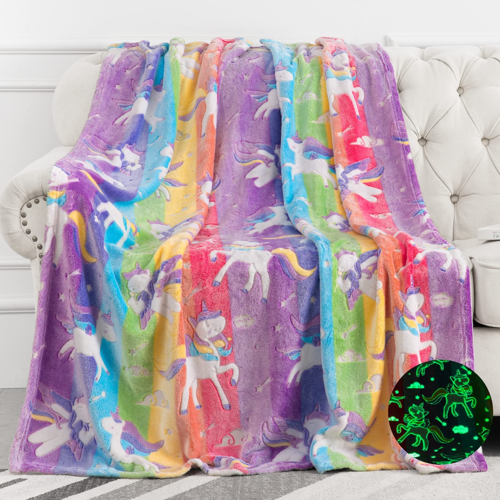 Beauenty Glow in The Dark Blanket Blanket for Kids,1.5 * 2 M Throw Blankets Super Cozy Plush Soft Fleece Blanket Girls Boys Birthday Gifts,Rainbow Kids Blanket,for 3-12 Years Old Kids (Unicorn C)