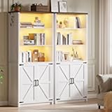 HWB 2PS Bookshelf and Bookcase with Doors, Farmhouse 5 Tier Book Shelves with Storage Cabinet, Floor Standing Bookcases with 3-Color Lights for Home Office, Living Room, Bedroom, White