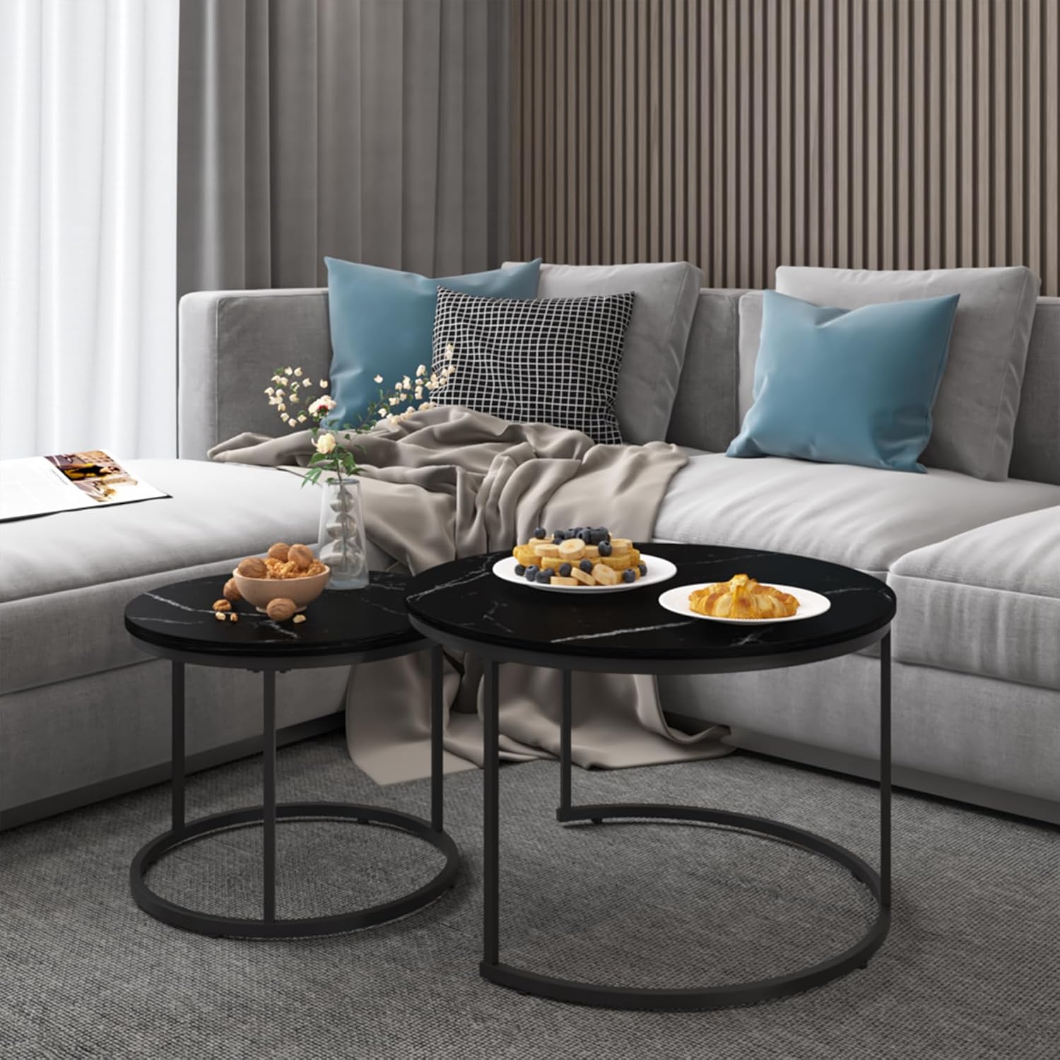 Nesting Coffee Table Set of 2, 27.6 inch Round Side Tables Coffee Table with Wood Marble Pattern Top Sturdy Metal Frame, End Table for Living Room Bedroom Balcony Yard (Black)