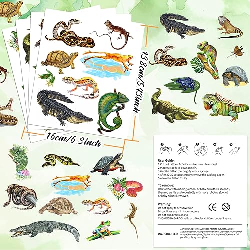 Miniatura 7 de Tatuajes temporales de reptiles, 16 hojas, 100 piezas de calcomanías con temática de reptiles, suministros de decoración de fiesta, recuerdos de