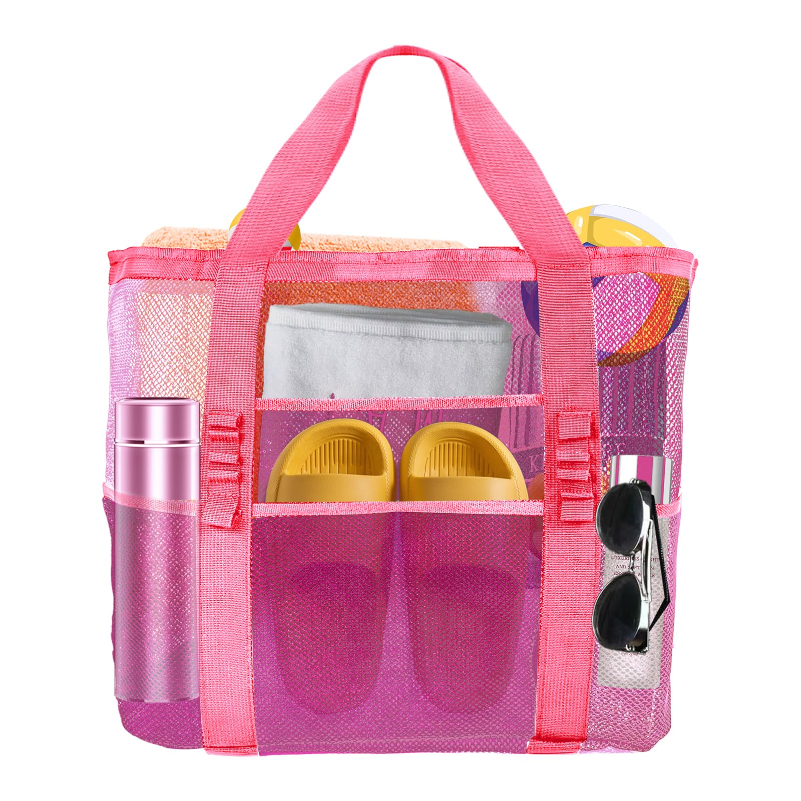 YunaeduoLarge Mesh Beach Bag - Lightweight & Foldable Family Beach Bag with 9 Pockets for Toys, Towels & Vacation Essentials