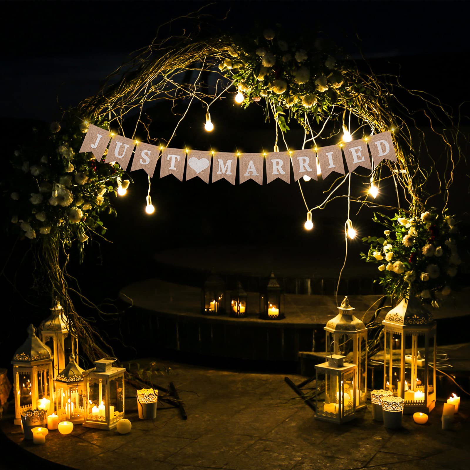 Ulikey 3 Metri di Lino Banner Just Married, Just Married Bandiere Con Luce Stringa A di Fata 3 Modalità Sfarfallio, Decorazione Festa di Adatto per Matrimoni Feste Automobili Giardini (2