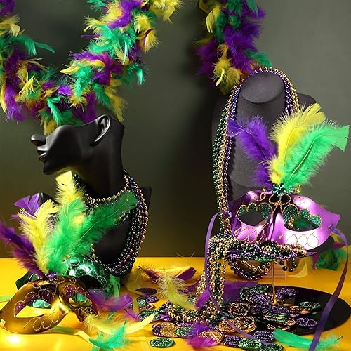 Miniatura 5 de Juego de 168 cuentas de máscara facial de Mardi Gras collar de plumas monedas de plástico plumas coloridas para manualidades decoraciones de Mardi