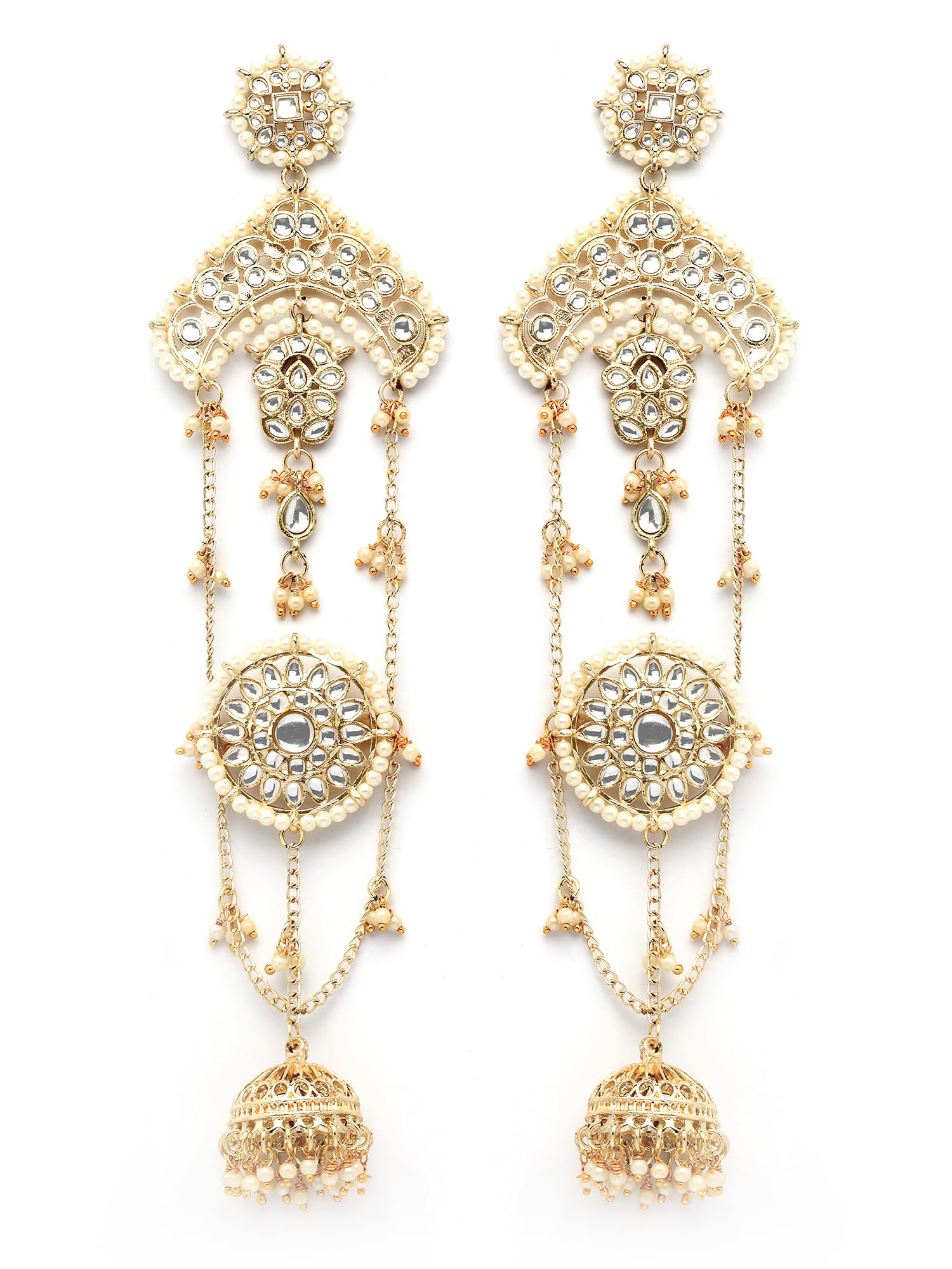 karatcart Traditional Gold-Plated Kashmiri Kundan Long Drop Earrings with Jhumki Design for Women-picture-5