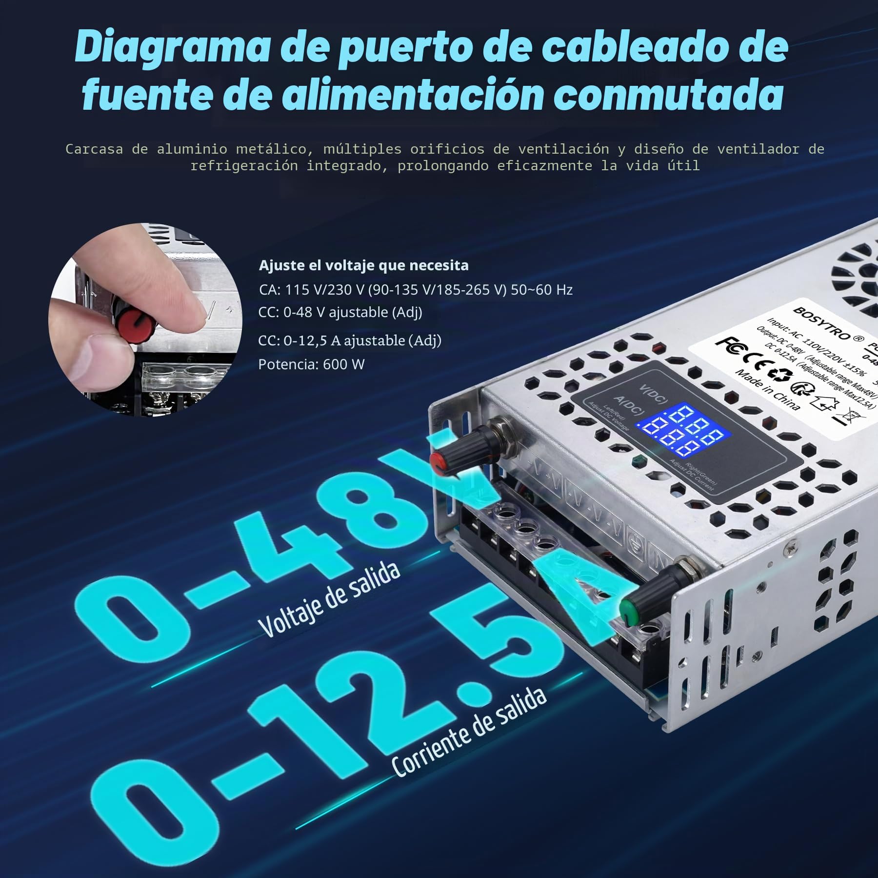 Fuente de Alimentacion Regulable AC110/220 to DC 0-48V 0-12.5A 600W Fuente de alimentación Universal Transformadores de Potencia,Para Automatización Industrial,Motor de control de velocidad