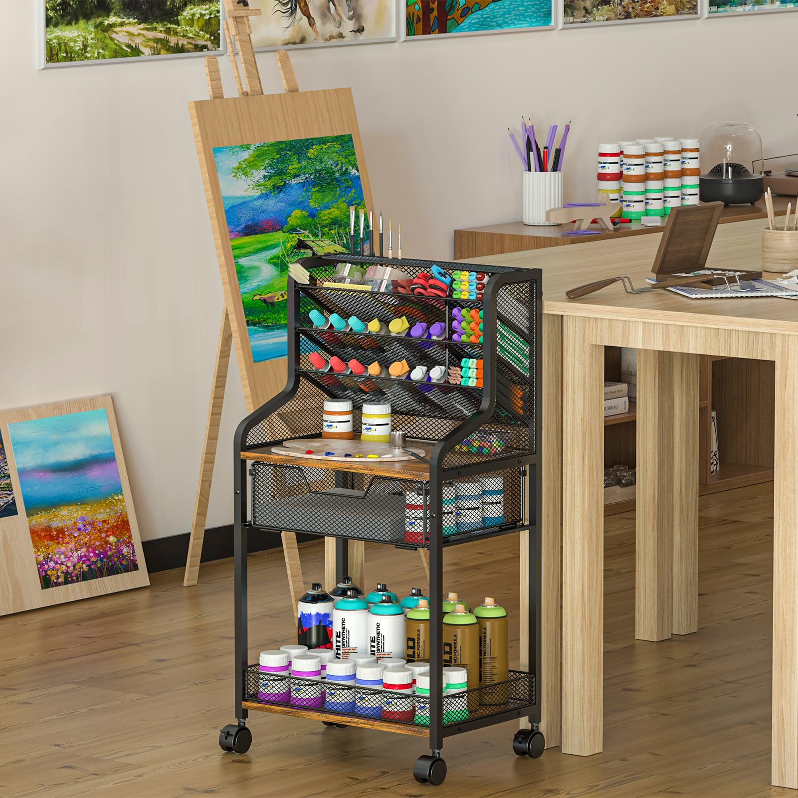 Small Rolling Utility Cart with Drawer, Metal Craft Storage Cart with Lockable Wheel, Versatile Art Organizer with 6 Tiers & Removable Dividers for Drawing Room, Store Paint & Artifact, Patent Pending