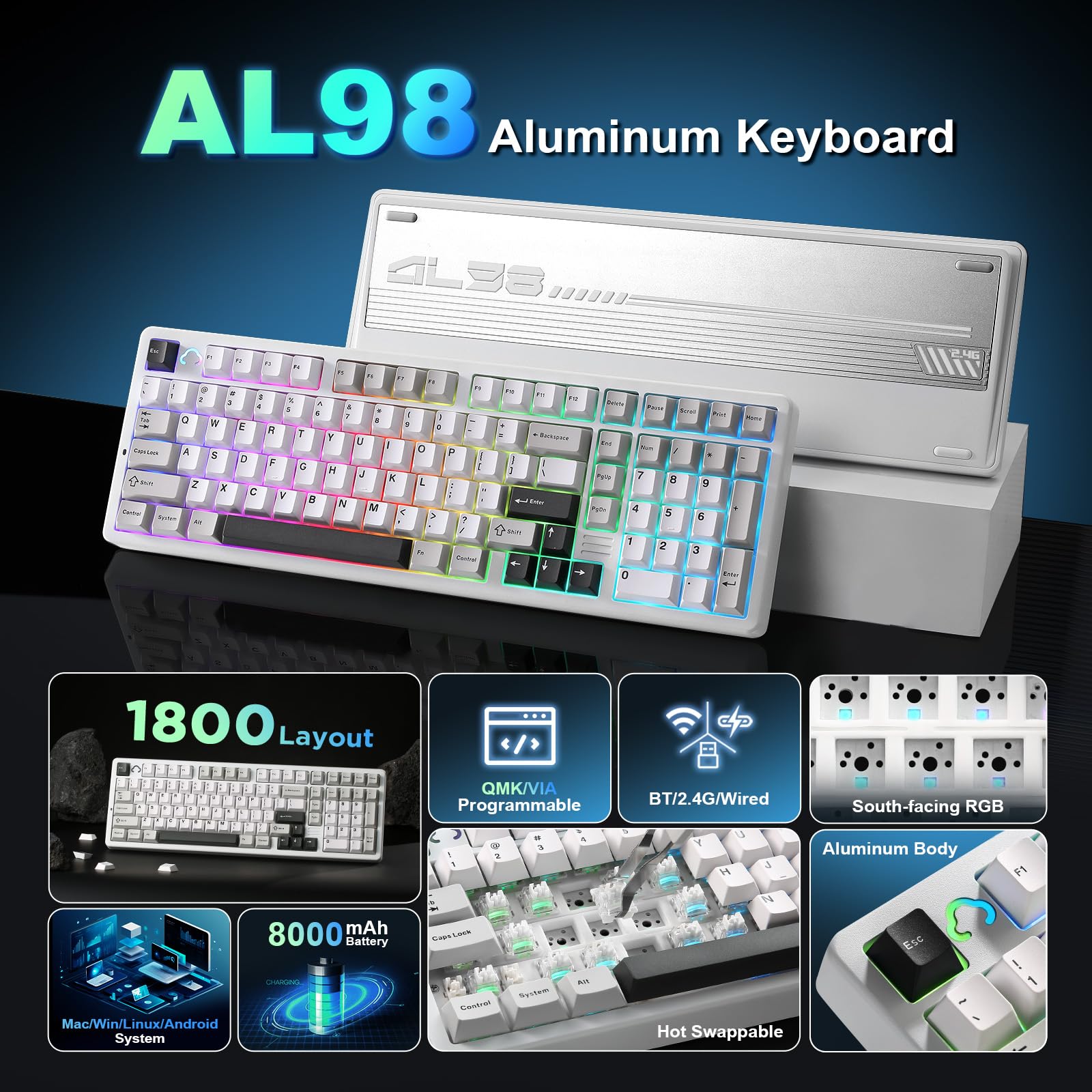 YUNZII AL98 Tastiera Meccanica Gaming Senza Fili, Tastiera Gamer in Alluminio, BT/2.4Ghz/USB-C, RGB, QMK/VIA Programmabile, Hot-Swap Tasti PBT per Win/Mac (Bianco, Milk V2 Linear Switch)