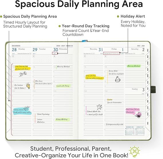 Academic Diary 2026-2027 Week to View A5 Medium (21.9x16.2 cm) 18 Months (Jul'26 - Dec'27) Mid Year Diary 26/27 Vertical Weekly Planner with Timeslots& Month Tabs, PU Leather Beige