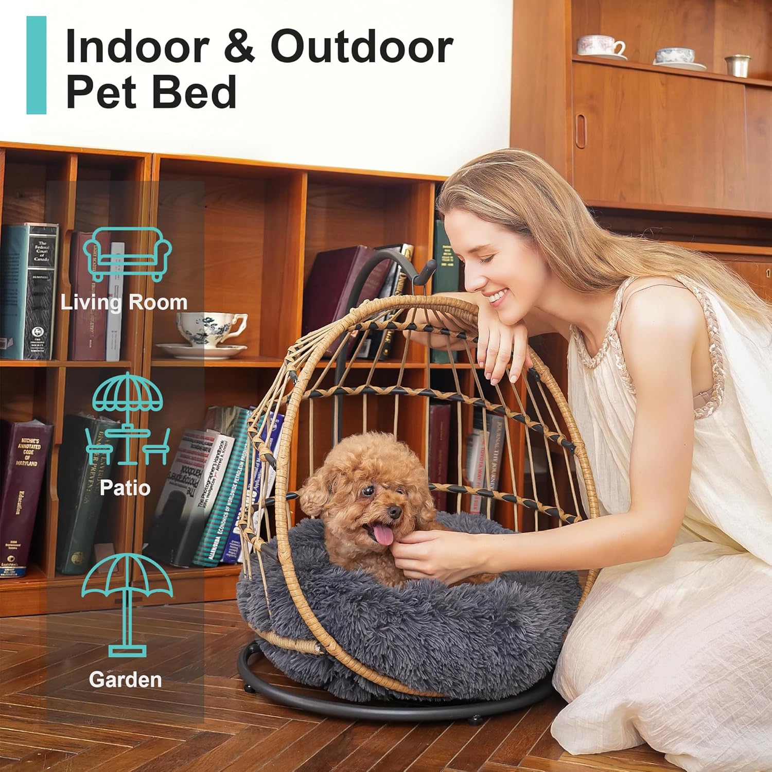 SWITTE Cat Hammock Chair Bed - Removable & Washable Cushion, Hanging Rattan Swing for Indoor Outdoor Cats & Small Dogs, Adjustable Pet Swinging Hammock with 3 Modes - Dark Grey