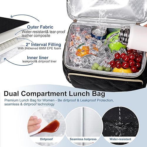 Miniatura 6 de Weitars Lonchera para mujeres y hombres, lonchera de doble cubierta para mujeres, bolsa de almuerzo acolchada para el trabajo, lonchera aislada a