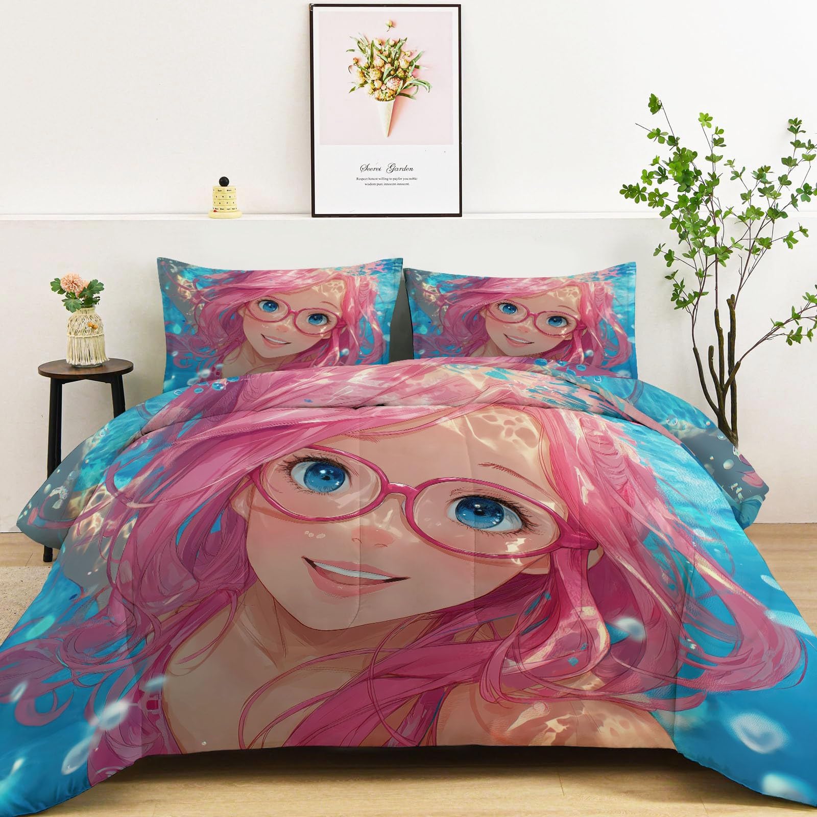 Coverless Duvet Double 200x200cm - Lightweight 2-in-1 Four Seasons Duvet Reversible Anime Ocean Cute Girl Print, Includes 2 Matching Pillowcases, Non-Allergenic & Washable, Pink