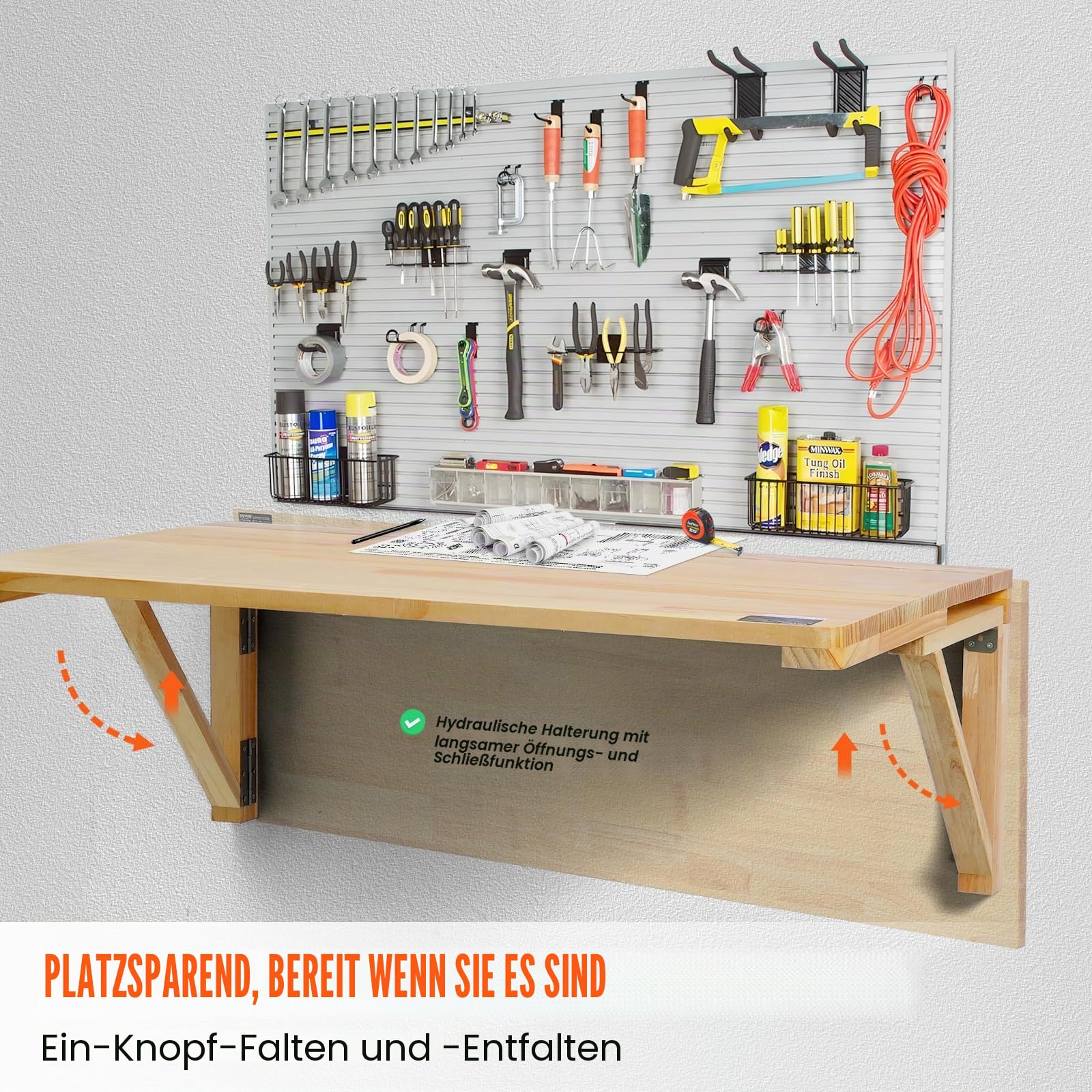 VEVOR Wandklapptisch, 80 x 60 cm, Wandmontage, Klapptisch, schwebender Schreibtisch aus Holz mit Eisenhalterung, zusammenklappbarer Schreibtisch für Heimbüro, Esszimmer, Waschküche, Küche, Bar