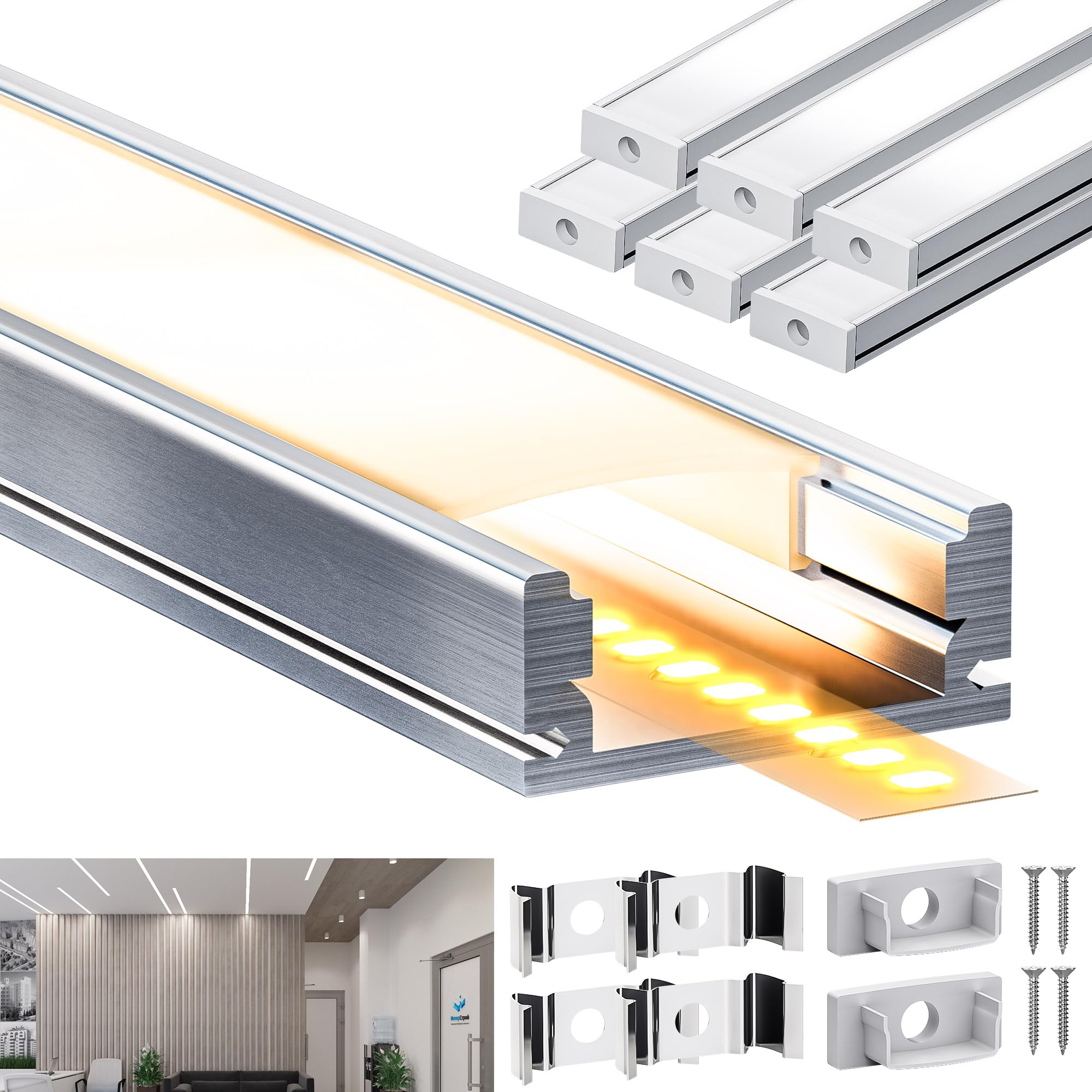 Perfil aluminio para tira LED, canaleta tira LED 6 x 2m, perfil en U, compatible con tiras hasta 12.4mm, incluye 6 tapas difusoras blancas, ideal para iluminación indirecta.