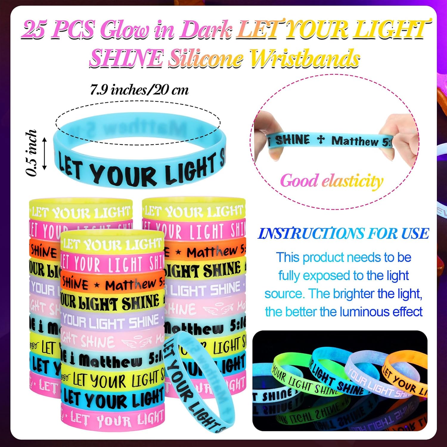 100 Pcs Glow in Dark Christian Religious Jesus Gifts Sets Let Your Light Shine Silicone Bracelets Bible Verse Cards Crystal Cross Necklace Bags for Baptism Party Trunk Easter Stuffed Gifts - Image 4