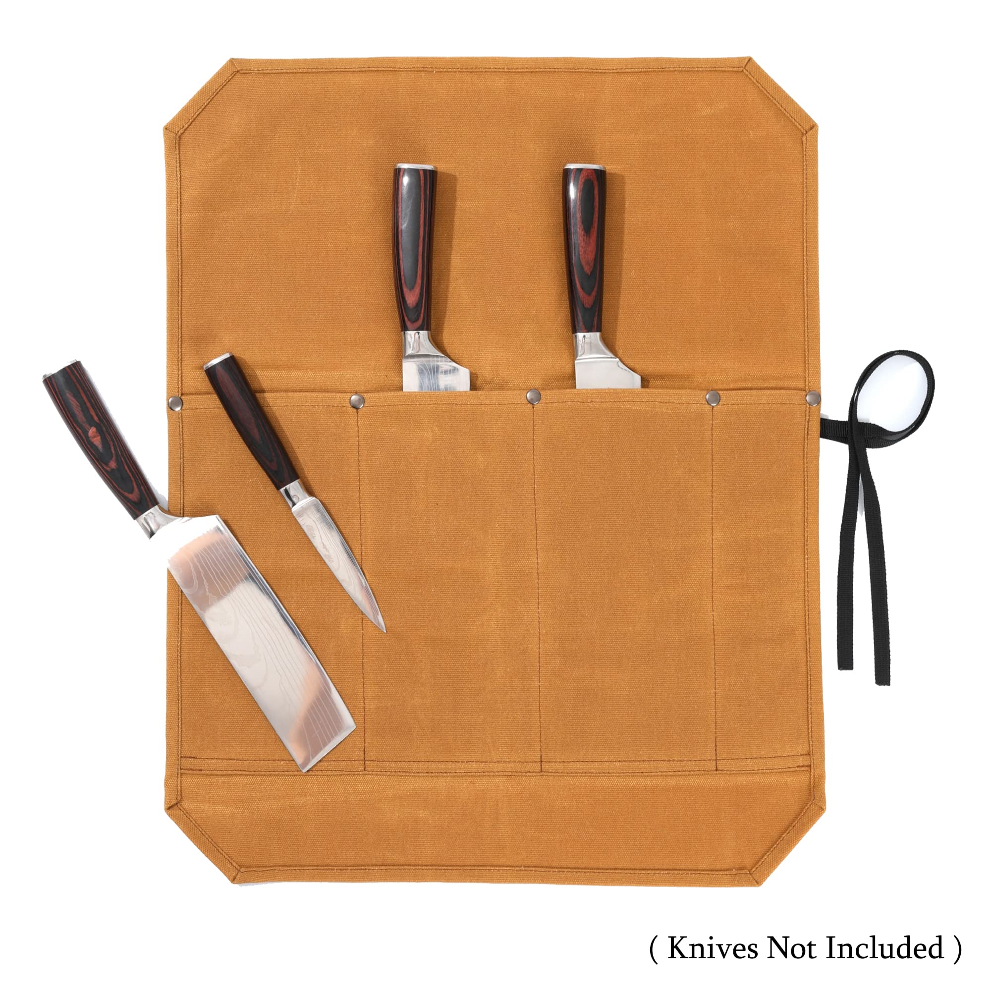 Bolsas para rollo de cuchillos, soporte para cuchillos de lona encerada de 16 onzas (4 ranuras y tela especializada anticorte), bolsa multiusos para cuchillos con cuerda de corbata, caqui