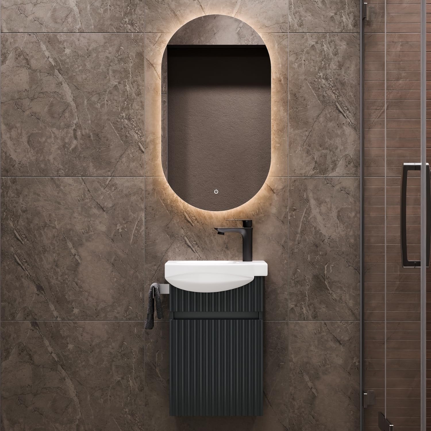 Planetmöbel Umywalka z szafką 40 cm wraz z ceramiczną umywalką i owalnym lustrem łazienkowym z oświetleniem, zestaw mebli łazienkowych do toalety dla gości, antracyt matowy