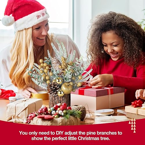 Miniatura 3 de Hatisan Árbol de Navidad pequeño de mesa con adornos, piñas de pino, bayas - redondo dorado