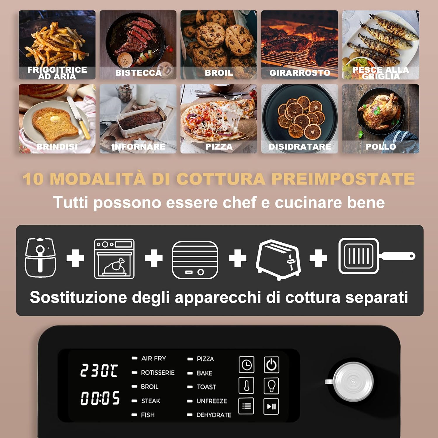 HYSapientia® 15 Litri Friggitrice ad Aria,1700W Friggitrice aria in 10 Programas, Air Fryer xxl,forno ad aria con 8 Accesorios, con LED Touch Screen,Ricette e istruzioni italiane,forno pizza HYSapientia® 15 Litri Friggitrice ad Aria,1700W Friggitrice aria in 10 Programas, Air Fryer xxl,forno ad aria con 8 Accesorios, con LED Touch Screen,Ricette e istruzioni italiane,forno pizza