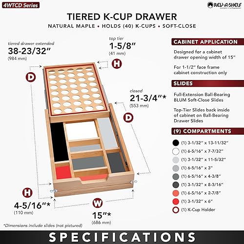Miniatura 2 de Rev-A-Shelf Organizador de Cajón de 38 cm con 2 Niveles para Cubiertos y Utensilios con Bandeja KCUP y Correderas de Cierre Suave, 4WTCD-18HSC-KCUP-1