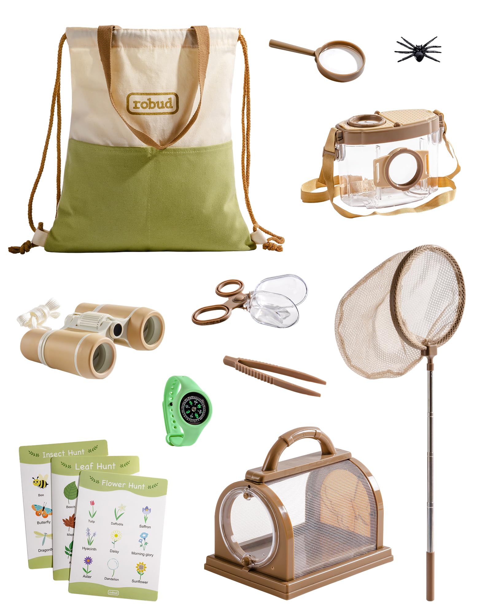 ROBUD Outdoor Explorer Kit & Bug Catcher Kit for Kids, 13 PCS Bug Catching Adventure Set with Kids Binoculars, Compass Watch, Butterfly Net, Magnifying Glass, Gift Toys for Toddlers Age 3-12, Green — image 1