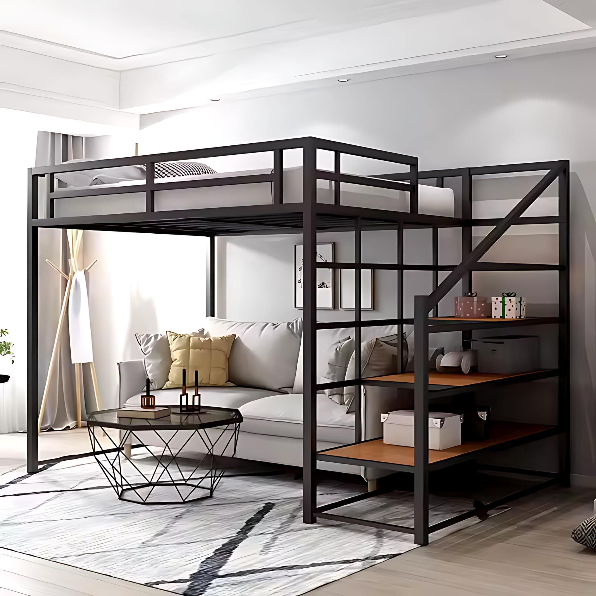 Condition photo showing Good Condition for Dreame. Modern Twin XL Metal Loft Bed Frame with Premium Wood Storage Shelves & Stairs, Space-Saving Design, Matte Black Finish(frame only)