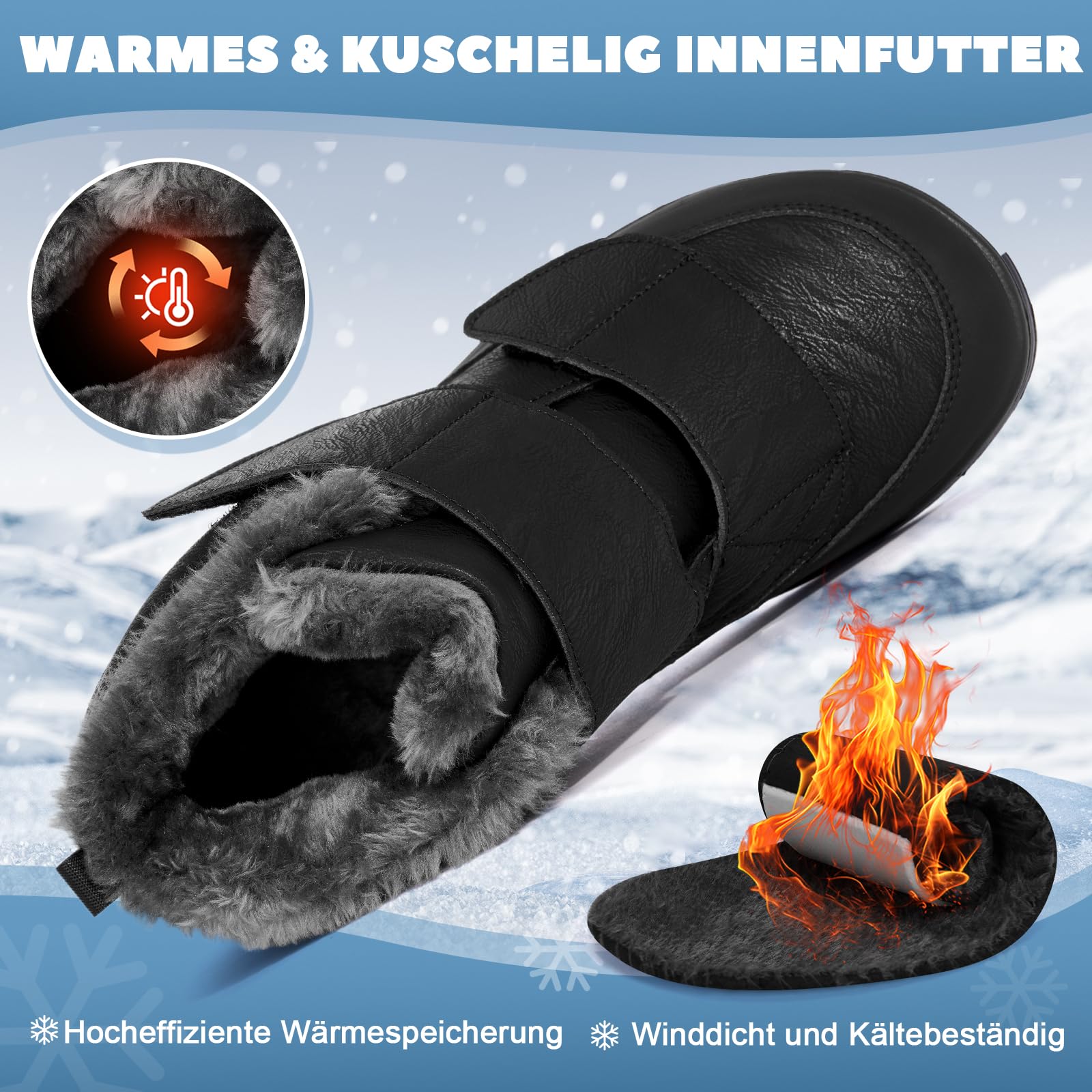 Diabetiker Schuhe Winter Herren Damen Extra Weit mit Klettverschluss Rutschfest Orthopädische Schuhe Leder Wasserdicht Gesundheitsschuhe für Geschwollene Füße