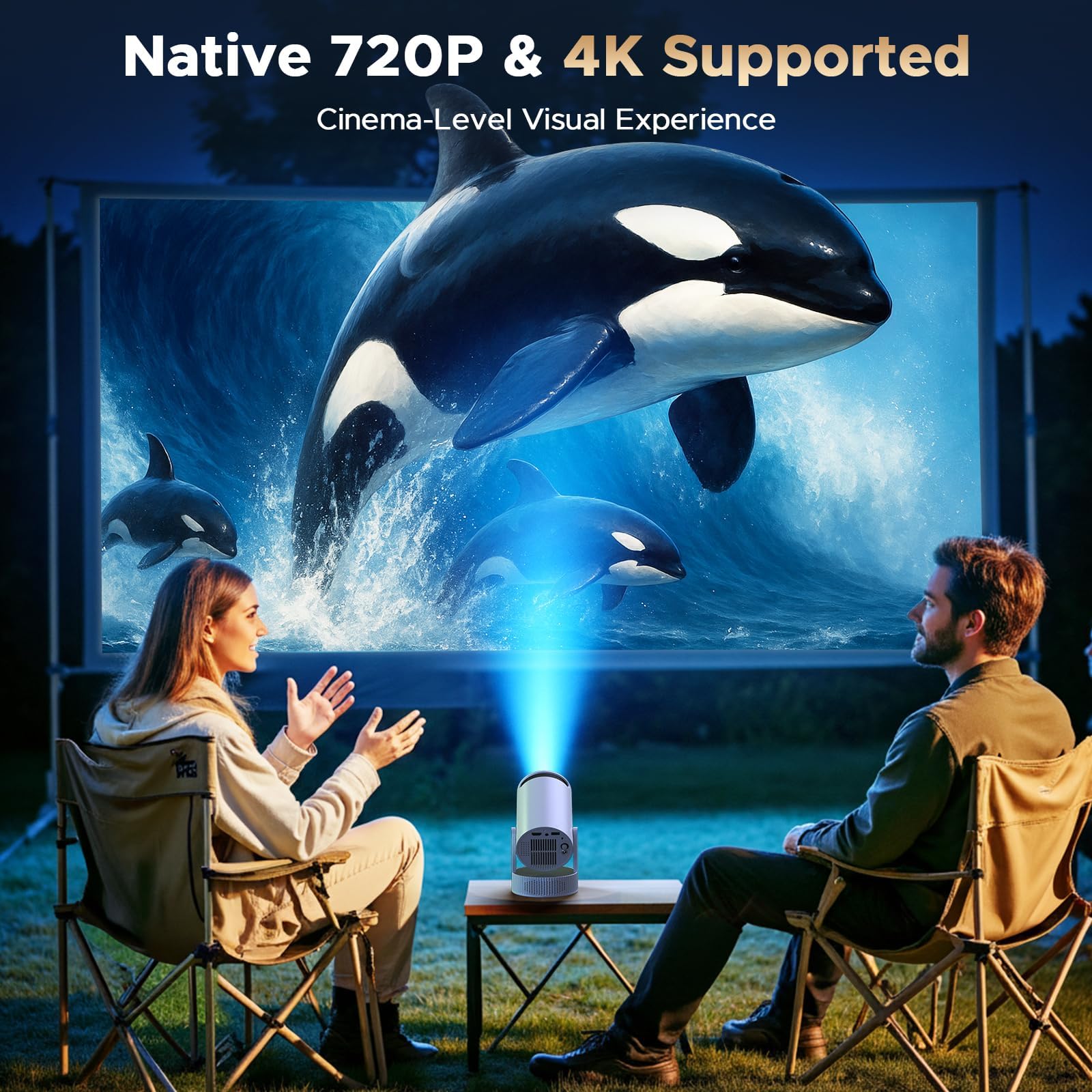 4K Mini Beamer mit Akku, Android 11.0, WiFi 6 Bluetooth 5.2, 220° Rotation, Auto Keystone – Tragbarer Projektor für Heimkino & Outdoor