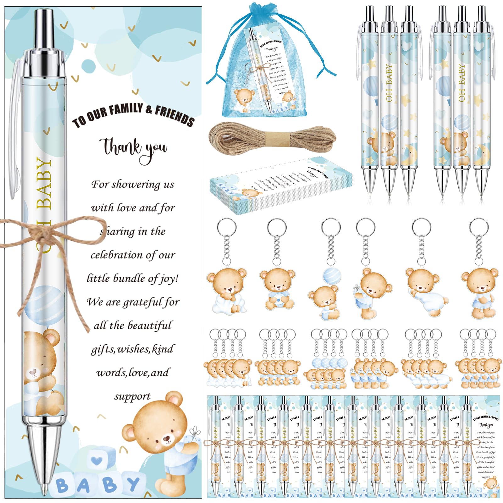 EYNDYN 289 Pieces Baby Shower Gifts for Guest Blue Bear Ballpoint Pens and Keychains Favors Bulk Retractable Baby Shower Pens Gender Reveal Greeting