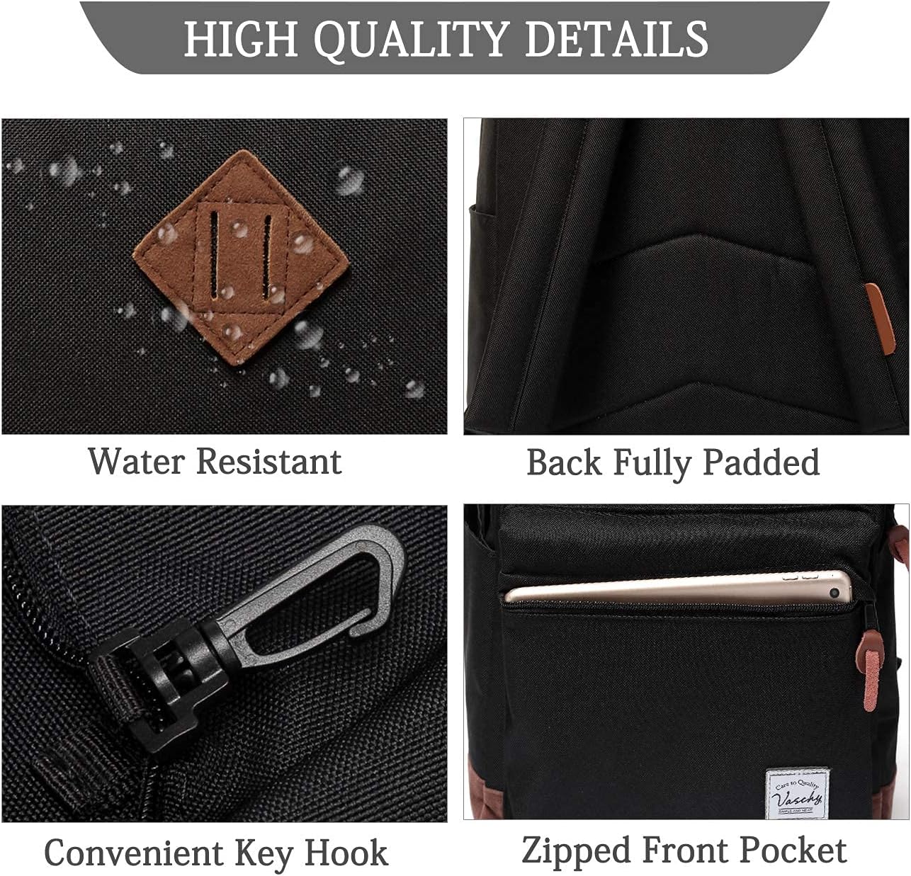 Backpack for Men and Women VASCHY School Backpack, Laptop Backpack, Leisure Backpack, black, standard size, Daypack Backpacks - Image 4