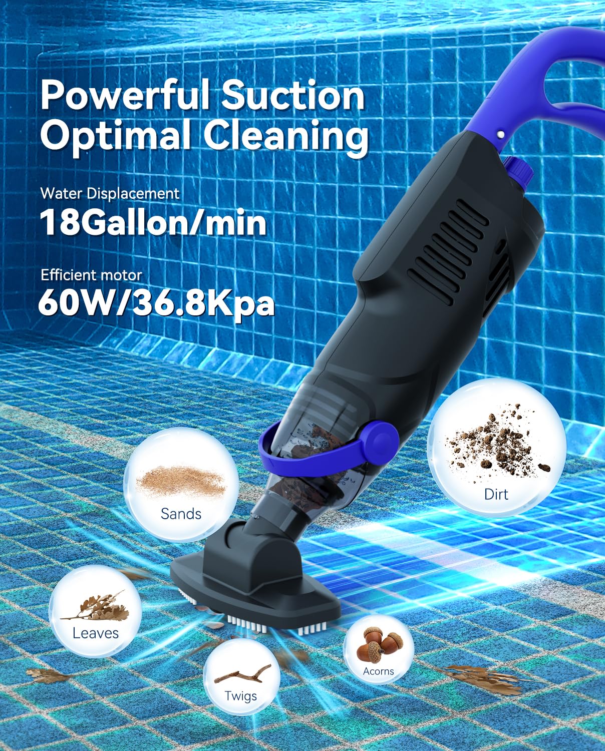 Cordless Above Ground Pool Vacuum Cleaner, 60W Handheld Rechargeable Pool Vacuum Cleaner with Pole & 18GPM Suction for Leaves, Debris, Dirt