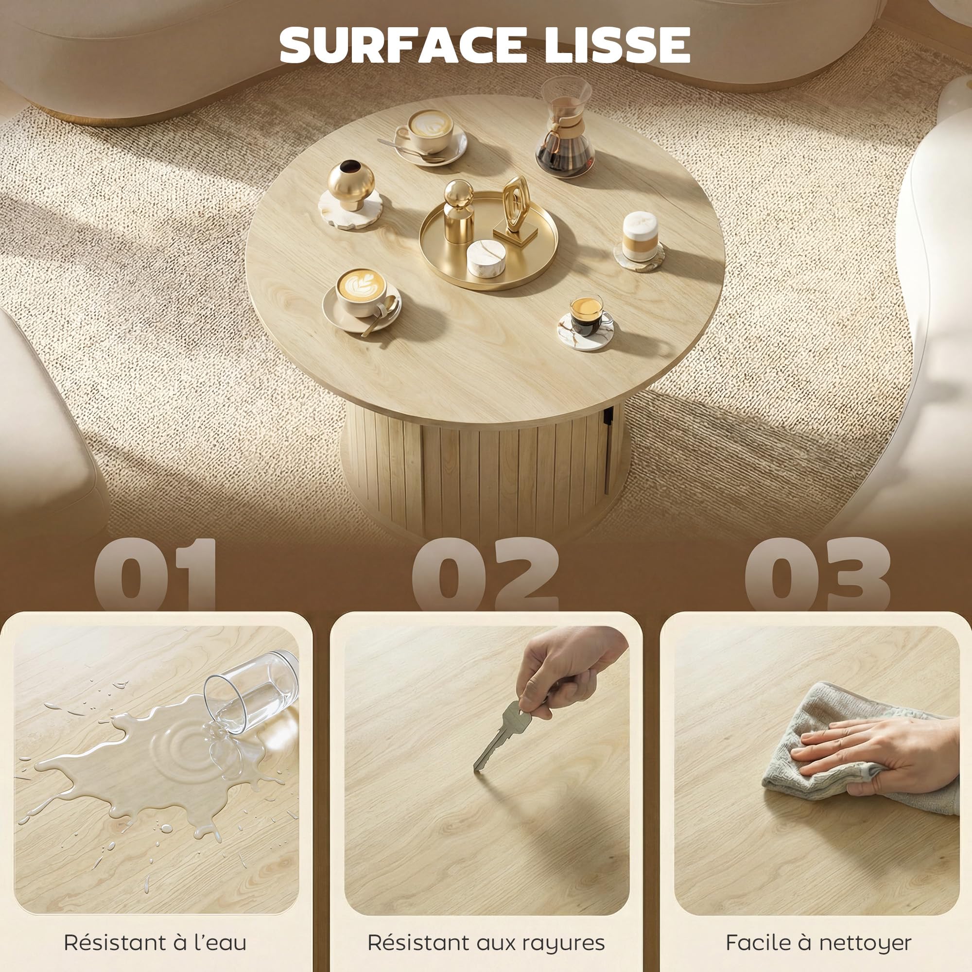 HOMCOM Table Basse Ronde, Table de Salon avec Rangement, Porte coulissante à Lattes, 2 étagères, Patins en Feutre, Style Moderne, pour Salon, Bureau, Ø 80 x 50 cm, Effet Bois Naturel