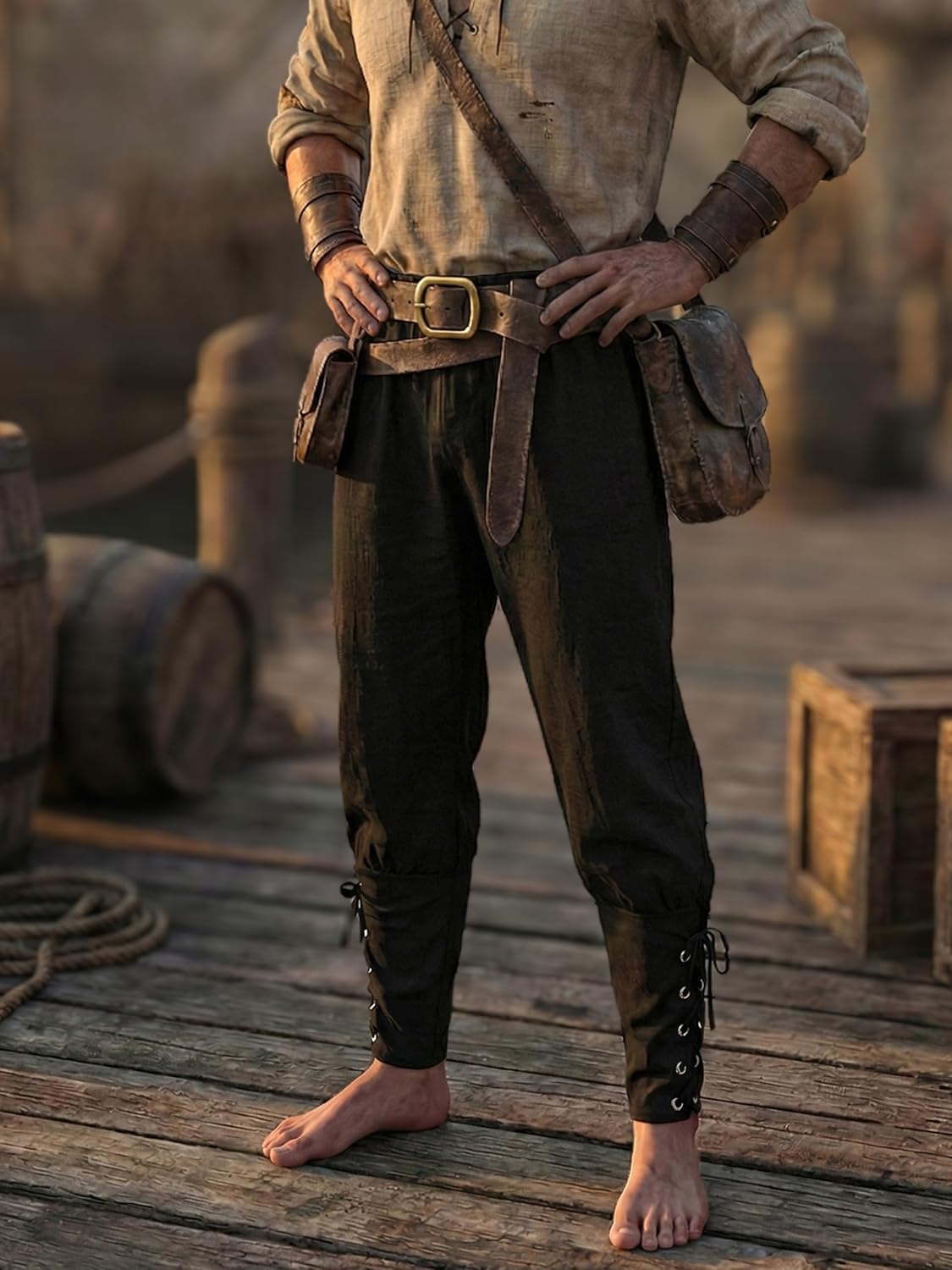 Mens Medieval Viking Pants Halloween Navigator Pirate Pants Renaissance Ankle Banded Lace Up Casual Trousers