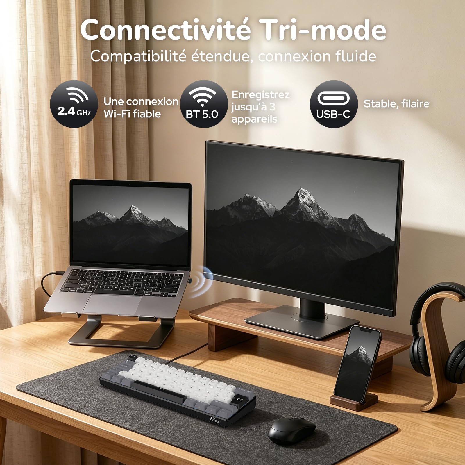 RK ROYAL KLUDGE RK61-FR Clavier de Jeu mécanique sans Fil, Clavier 60% avec Triple Mode BT5.0/2,4 GHz/USB-C, Touches en PBT, Logiciel Pro, Compatible Hot-Swap, Français AZERTY