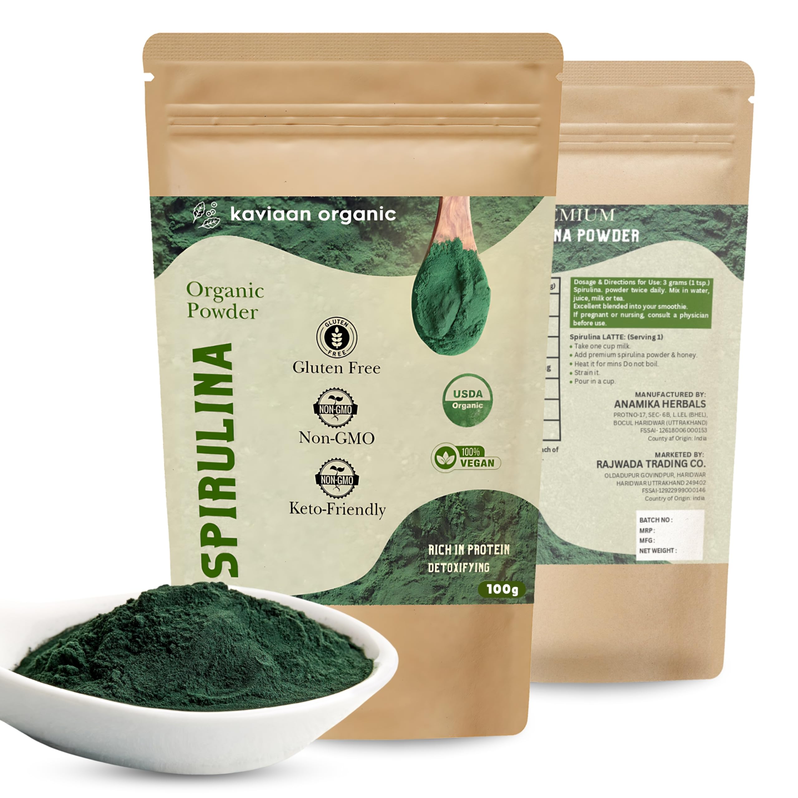 Spirulina Powder, Natural Superfood Enhance Skin Health, | Rich in Protein, Vitamins & Minerals | Boost Energy & Immunity and Support a Vegetarian Diet for Men & Women (100g, Pack of 1)