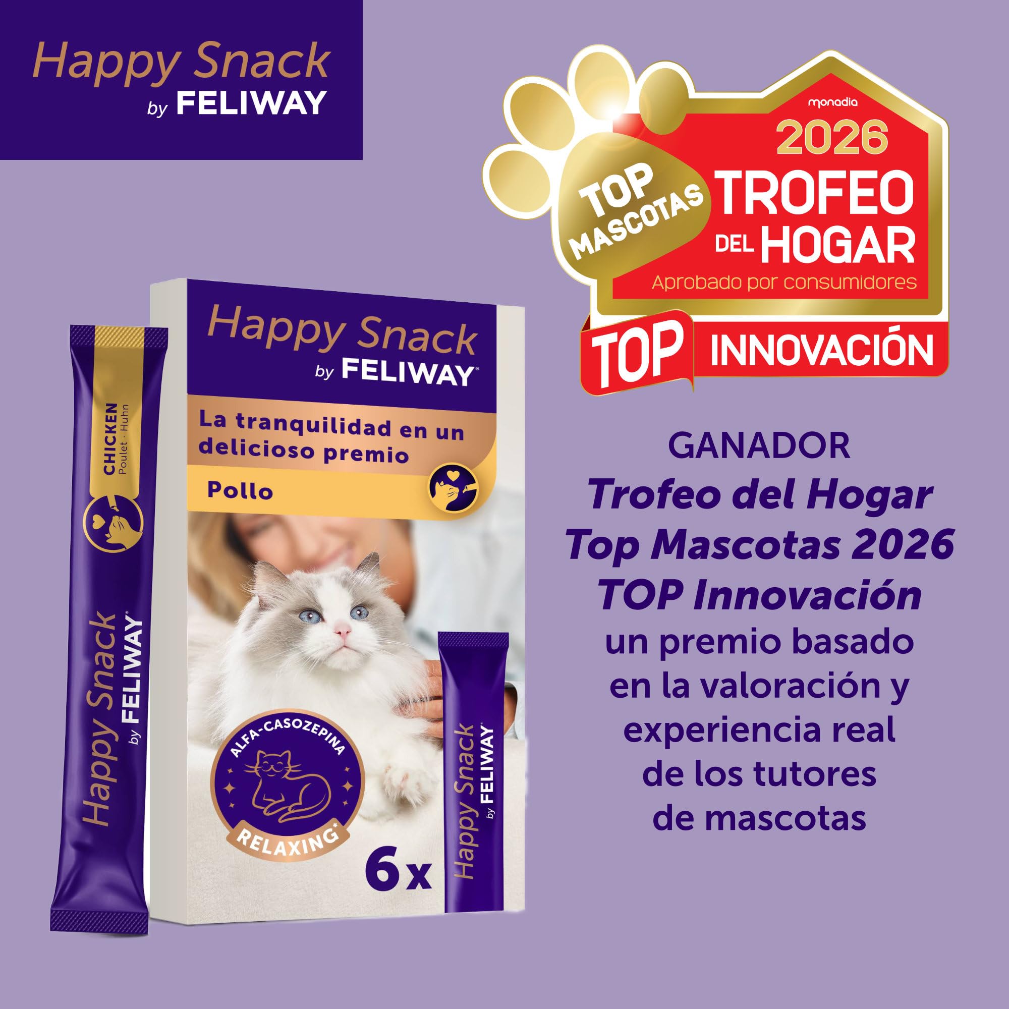FELIWAY Happy Snack - Deliciosos y cremosos premios calmantes para gatos (6 sobres). Ayuda a los gatos a sentirse más tranquilos y a mejorar vuestro vínculo.