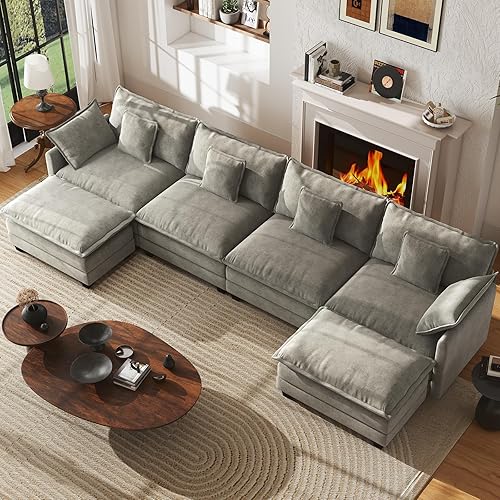 Miniatura 37 de WorthFurni Sofá Seccional Modular de 111.4", Sofá de Nube en Forma de U con 2 Otomanas Móviles, Cómodo Sofá de Chenille de Asiento Profundo con