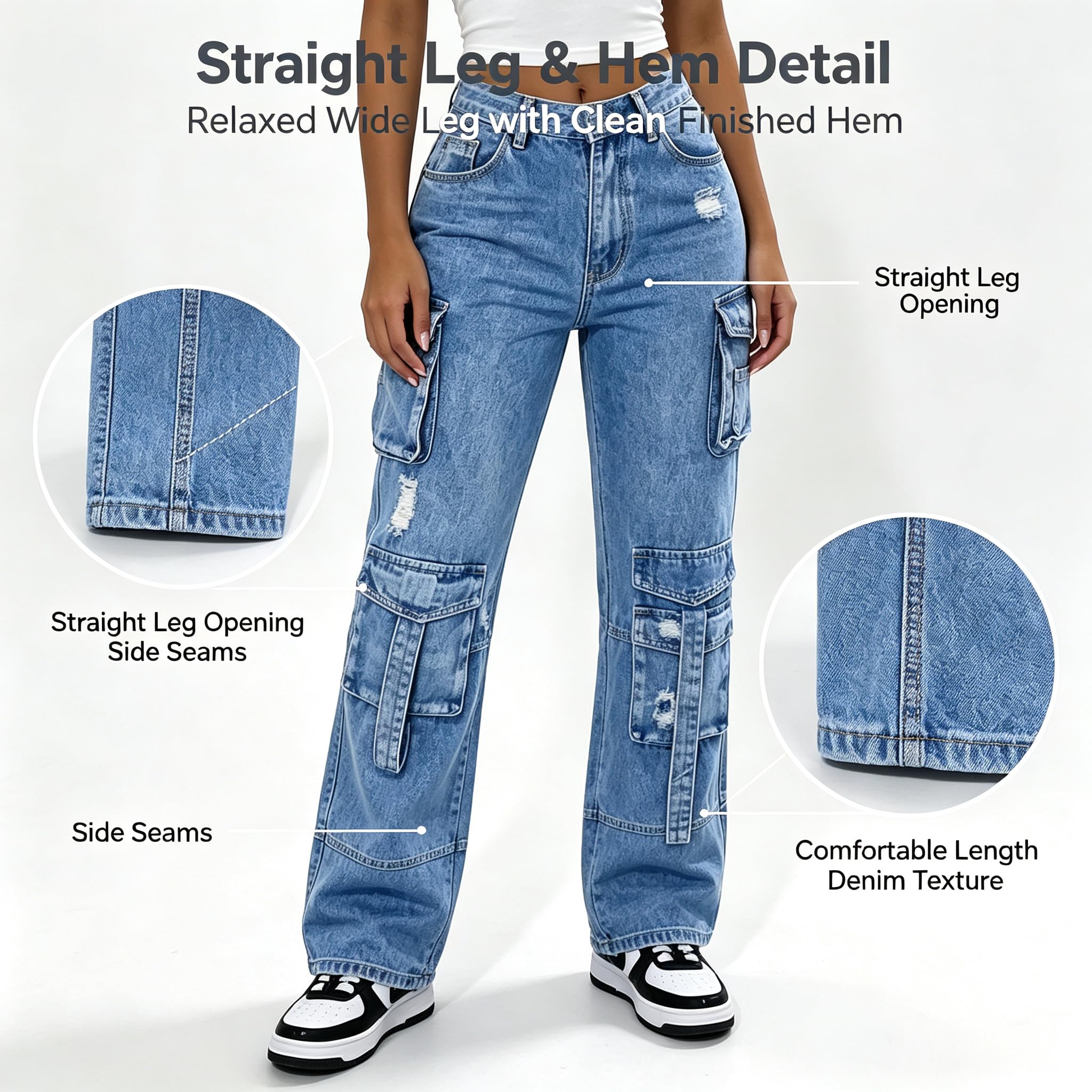 Jeans Donna Y2K Cargo con Tasche Denim Strappato Mid-Rise