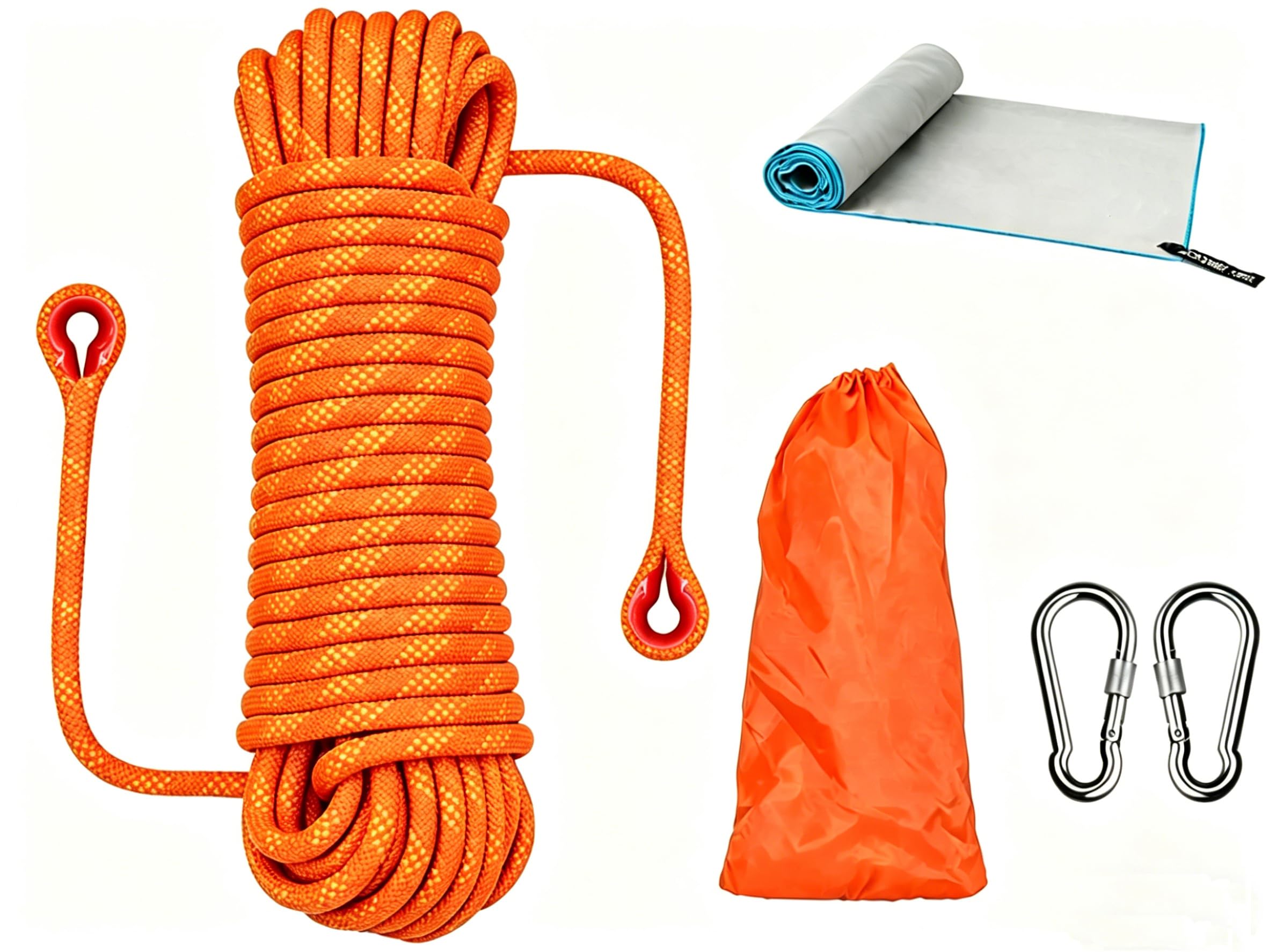 Amalan Corde Polyvalente D'ExtéRieur + Serviette à SéChage Rapide, D10mm, Corde en Nylon avec 2 Mousquetons, Poids De Charge 1200kg, Corde De Sauvetage,Alpinisme,Escalade,Camping