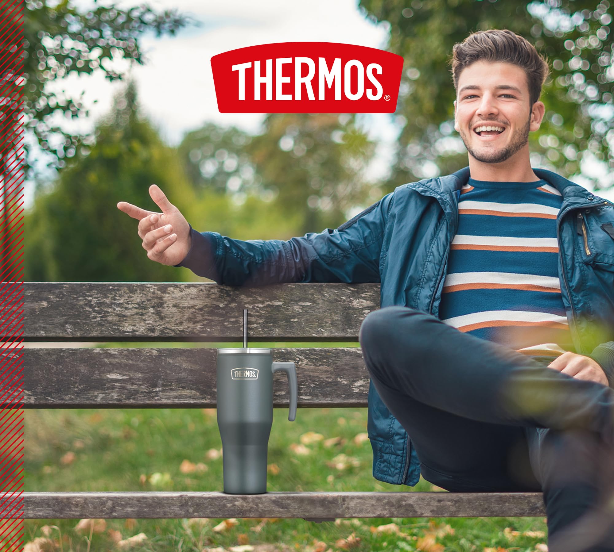 Thermos Refreshing Series kubek izolacyjny 1,1 l, czarny, matowy, ze słomką i uchwytem, do podróży, pracy lub domu, neutralna smakowo stal nierdzewna z podwójnymi ściankami