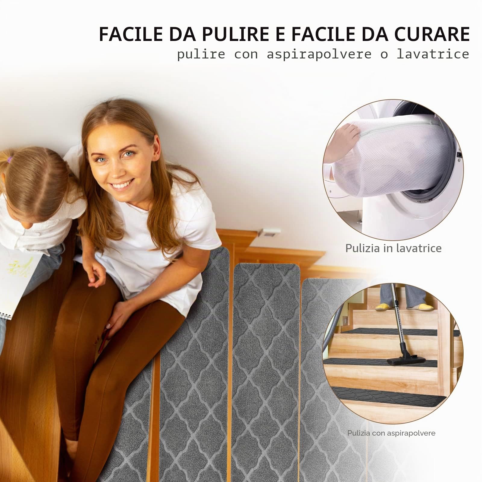Weigudoc Tappetini per Scale Antiscivolo 76x20cm, Tappetini di Sicurezza Autoadesivo, 15 pezzi Pavimento Staircase tappeti per Bambini Anziani e Animali Domestici, grigio (Stile 1)