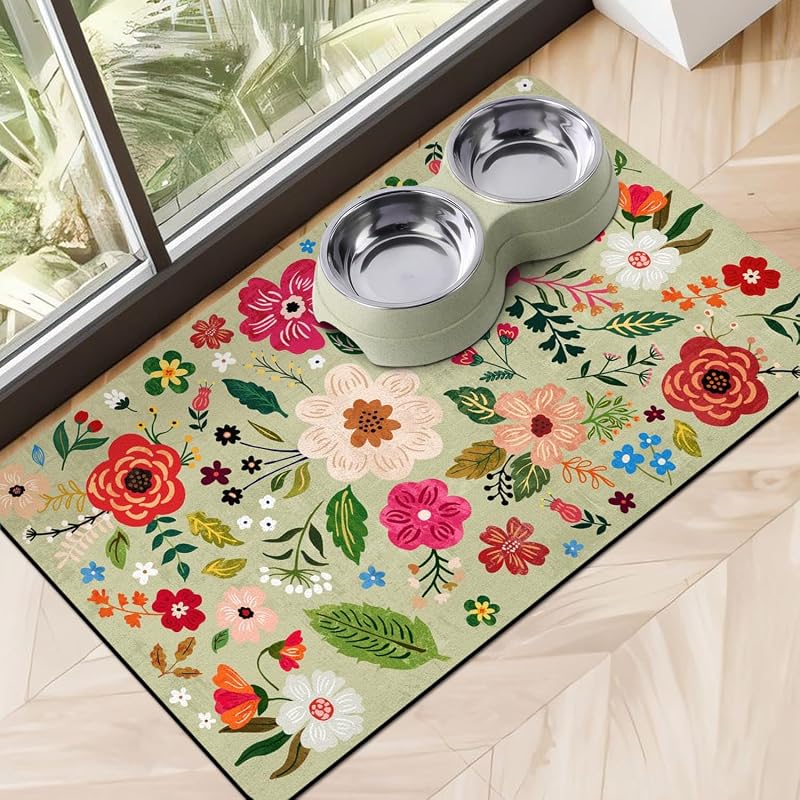 Tapete absorvente para comedouro e bebedouro de cães e gatos Cuslnox Floral Green-S – 50,8 x 30,48 cm